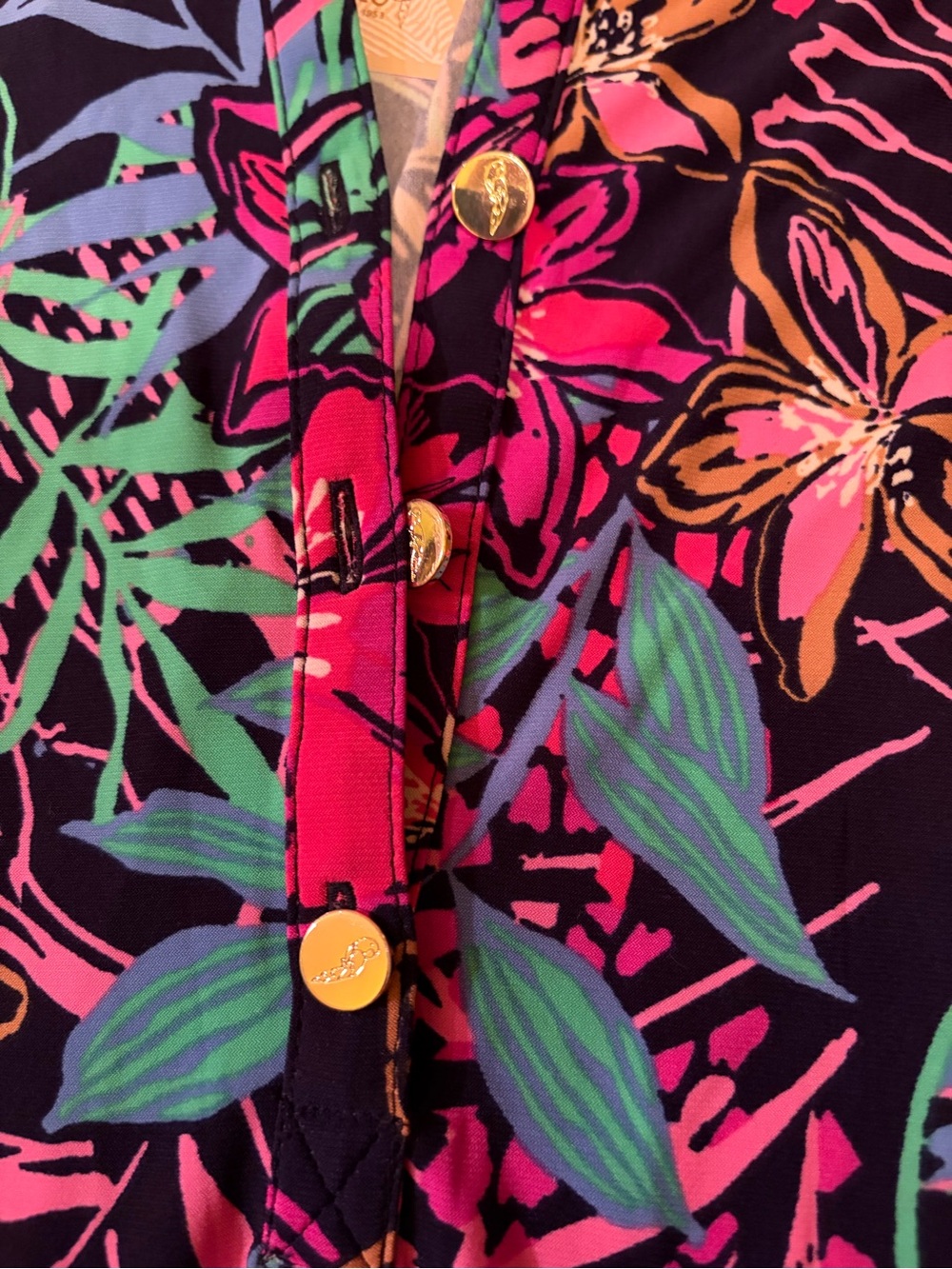 NWT Papagallo Tropical Button V-neck Dress in Black with Pink & Teal - Picture 6 of 8